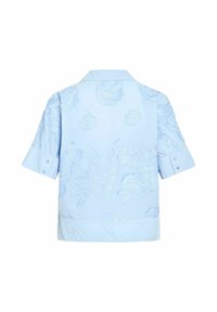 Blouse bleu clair à manches courtes avec motifs floraux brodés, poignets pliés avec deux boutons et col classique, vue de dos.