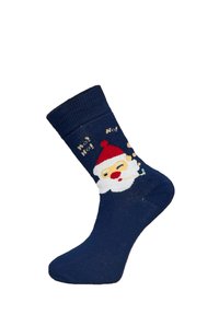 Marineblaue Socken aus Baumwollmischung mit einer Illustration von Weihnachtsmann mit roter Mütze und dem Text "Ho Ho Ho!" in hellem Beige.