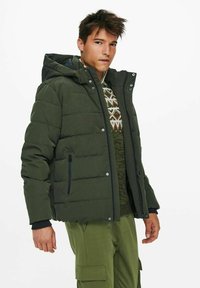 Olive green puffer jacket with a zip closure, hood, and side pockets. Features quilted texture and silver hardware accents. Casual design.