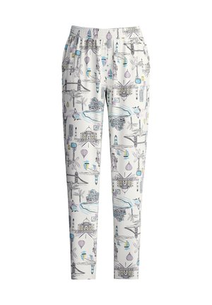Witte pyjamabroek met een kleurrijk, geïllustreerd patroon van bezienswaardigheden en luchtballonnen. Inclusief een elastische tailleband en zijzakken.