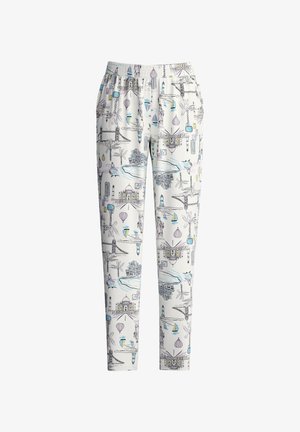 White pajama pants featuring a colorful, illustrated pattern of landmarks and hot air balloons. Elastic waistband and side pockets included.