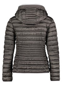 Padded bunda v tmavě šedé barvě. Obsahuje kapuci, prošívaný design s vodorovnými pruhy a elastické manžety. Hladký povrch s jemnou podšívkou.