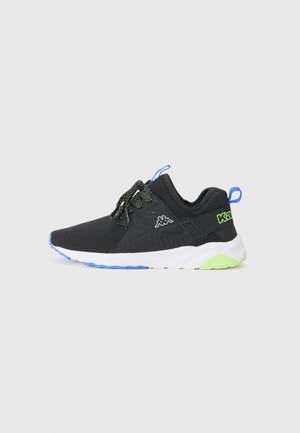 Black athletic shoe with a mesh upper, green and blue accents, textured sole, and contrasting white midsole. Laces feature a speckled pattern.