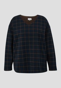 Felpa blu navy a collo a V con maniche lunghe, caratterizzata da un motivo a griglia marrone, realizzata in un materiale morbido con una vestibilità comoda.