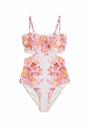 Maillot de bain une pièce à motif floral en rose, orange et blanc, avec des bretelles volantes et des bords festonnés. Texture lisse.