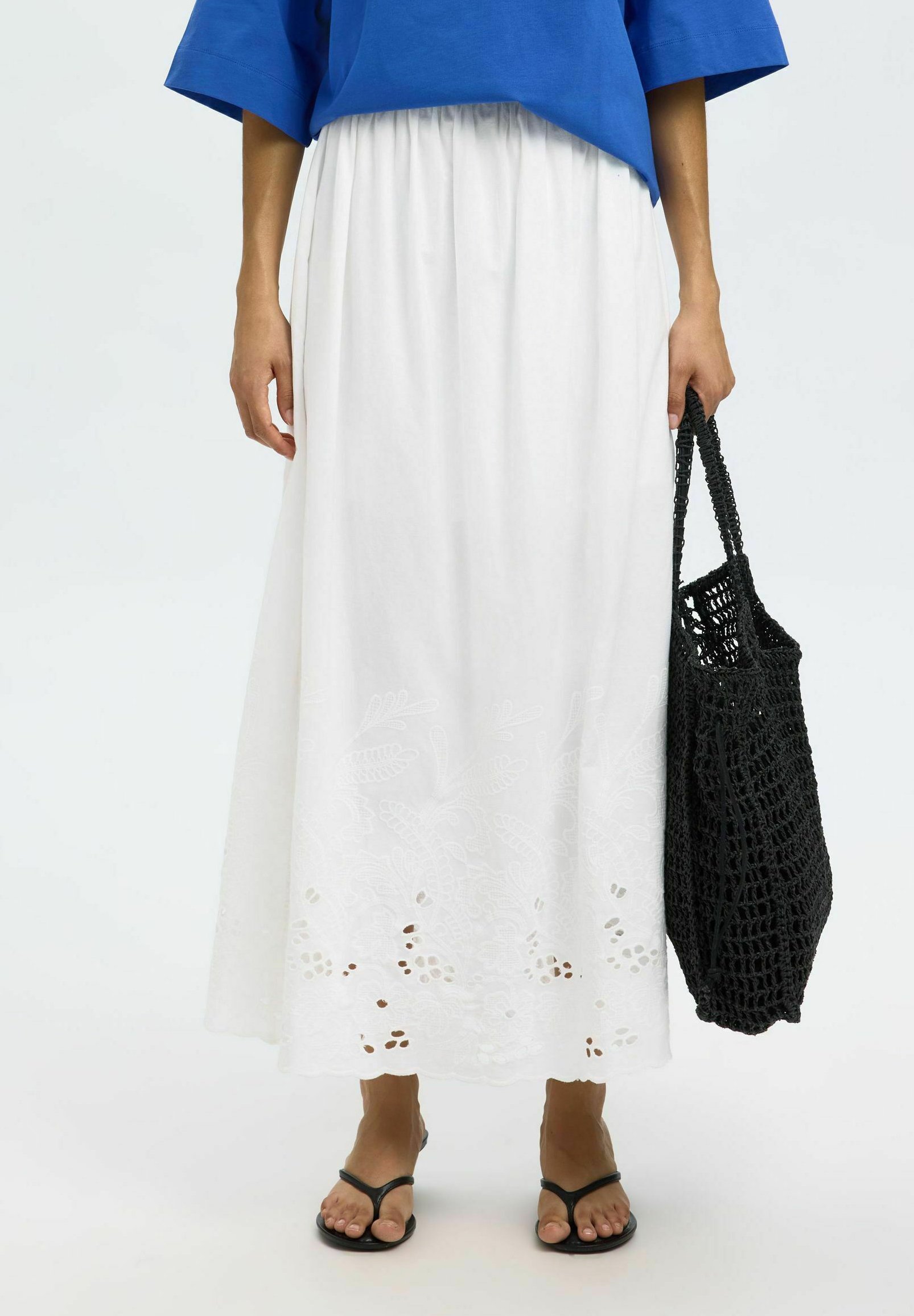 Jupe Midi Femme Noire En Coton Avec Broderie Et Lin, Taille élastique, Mode été
