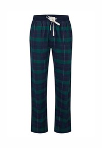 Geruite loungebroek in groen en marineblauw, met een tailleband met trekkoord, zachte stof en losse pasvorm voor comfort. Horizontale en verticale strepen.