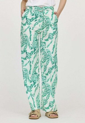 Pantalons larges à motif vert et blanc avec une taille haute, dotés d'un nœud devant et de deux poches latérales. Fabriqués en tissu léger.