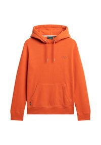 Sudadera con capucha naranja con bolsillo canguro frontal, capucha con cordón ajustable, puños y dobladillo acanalados, y pequeño logotipo bordado en el pecho.