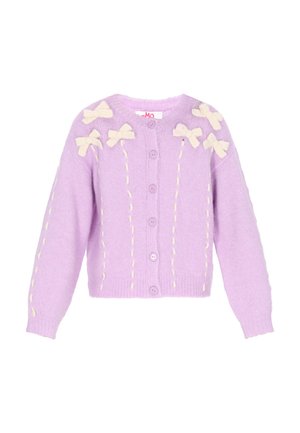 Cardigan liliachiu cu aplicații sub formă de fundițe crem. Material tricotat, decolteu rotund, închidere cu nasturi și detalii texturate pe mâneci și pe partea din față.