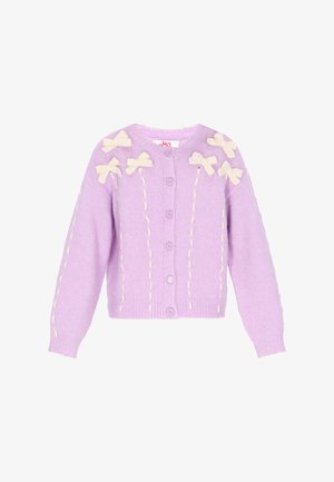 Cardigan lilla con applicazioni a forma di fiocco color crema. Tessuto lavorato a maglia, scollatura rotonda, chiusura con bottoni e dettagli testurizzati lungo maniche e parte frontale.