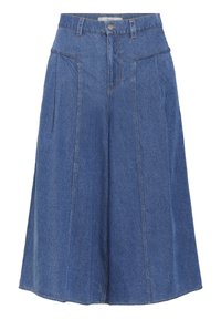 Culottes de mezclilla en azul medio con una cintura alta, pierna ancha, pliegues frontales y cierre de botón en la parte delantera. Cuenta con dos bolsillos laterales.