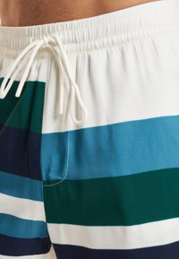 Raidalliset uimashortsit, joissa on laivaston sinisiä, petroolisinisiä, vihreitä ja valkoisia värejä. Kuminauhavyötärö, jossa kiristysnauha ja etutasku.