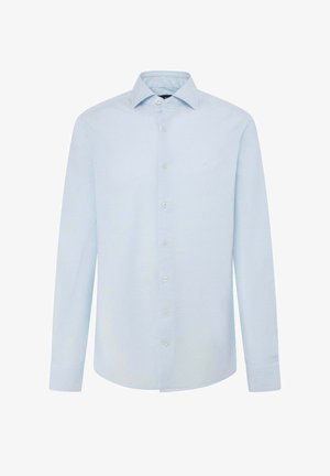 Lichtblauwe langarm overhemd met knopen. Heeft een verspreide kraag, knopen aan de voorkant en een afgeronde zoom. Van katoen met een gladde afwerking.