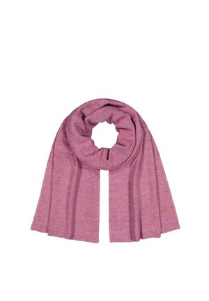 Weich gestrickter, rosa Schal, flach ausgelegt mit hängenden Enden, oben mittig locker geschlungen vor weißem Hintergrund.