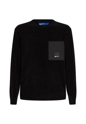 Black sweater with a crew neck and long sleeves, featuring a textured fabric and a single black chest pocket with a small logo patch.