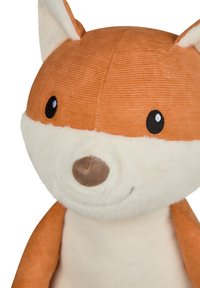 Plush fox toy with orange corduroy and soft cream fabric. Features embroidered eyes and a brown nose, with distinct ears and curved shape.