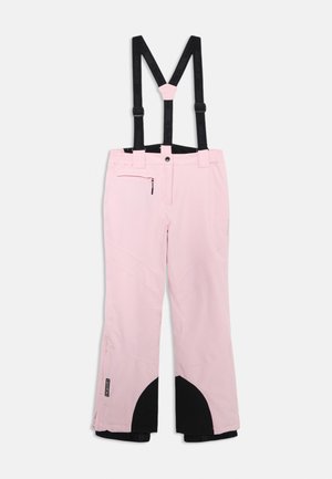 Rosa Skihose mit verstellbaren schwarzen Trägern, Reißverschluss-Tasche und schwarzen Akzenten am Saum, ausgestattet mit einem geschwungenen Nahtdesign.