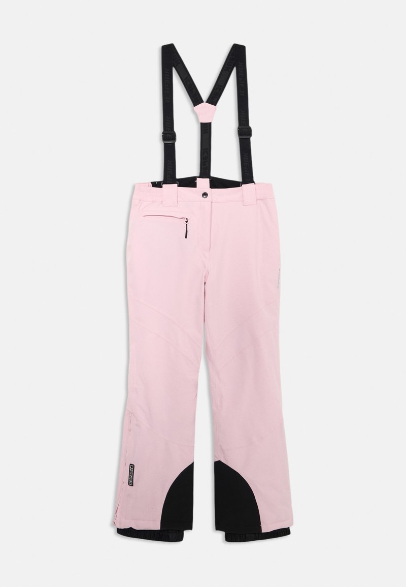 Rožinės slidinėjimo kelnės su reguliuojamais juodais petnešomis, užtrauktuku užsegama kišene ir juodais akcentais apatine siūlėje, turinčios kreivų siūlių dizainą.