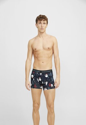 Männer Boxer-Shorts aus dunklem Stoff mit einem festlichen Santa- und Weihnachtsbaum-Motiv. Elastischer Bund mit "JACK & JONES"-Markenlogo. Mittellange Beinlänge.