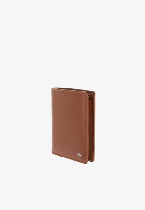 Brown leather bifold wallet with visible stitching and small silver logo on front corner, standing upright on white background.