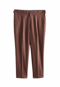 Brown, loose-fitting trousers featuring a pleated front, button closure, and belt loops, made from a smooth fabric with a subtle sheen.