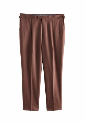 Brown, loose-fitting trousers featuring a pleated front, button closure, and belt loops, made from a smooth fabric with a subtle sheen.