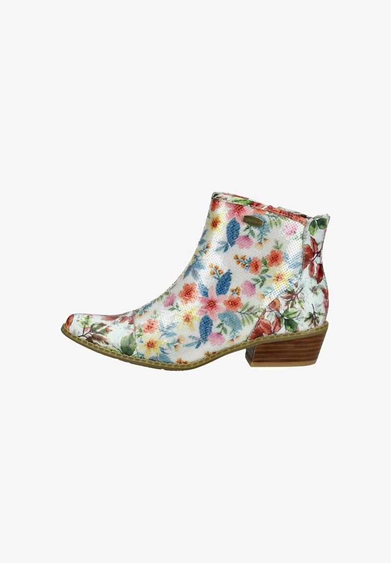 Bottine à motif floral avec talon en bois bas, bout pointu et fermeture éclair latérale, présentant des fleurs multicolores sur fond blanc.