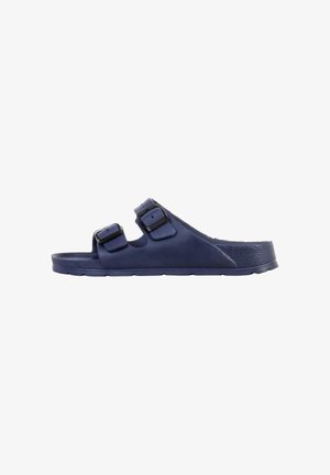 Sandalo a ciabatta blu navy con due cinturini regolabili con fibbia e suola sagomata, progettato per un uso casual.