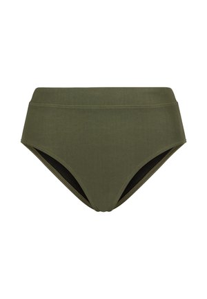 Olivgrüner, hoch taillierter Bikinihöschen aus einfachem, glattem Stoff ohne sichtbare Muster oder Verzierungen.