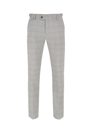 Jasnoszare męskie eleganckie spodnie w subtelny wzór w kratę, z przodu zapinane na guzik i suwak, z szlufkami na pasek, o wąskim, prostym kroju.