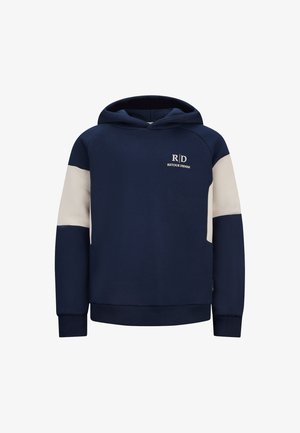 Marineblauwe hoodie met crèmekleurige accenten, ribgebreide manchetten en zoom. Bevat een logo print op de borst. Gemaakt van zachte, gestructureerde stof.