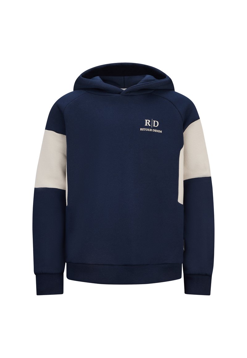 Felpa blu navy con accenti crema, polsini e orlo a costine. Presenta una stampa del logo sul petto. Realizzata in tessuto morbido e testurizzato.