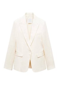 Éénknops, off-white taillerblazer met notch-lapels, twee voorste klepzakken en een borstzakje, weergegeven op een witte achtergrond.