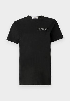 Svart bomull t-skjorte med kortermet, med en hvit "REPLAY" logo på venstre bryst. Klassisk rund hals design.
