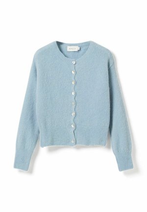 Light blue, long-sleeve, button-up cardigan with a round neckline and ribbed hem and cuffs.