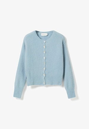Light blue, long-sleeve, button-up cardigan with a round neckline and ribbed hem and cuffs.