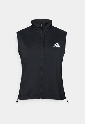 Schwarze ärmellose Weste mit hohem Kragen. Verfügt über einen Frontreißverschluss, leichtes Material und ein weißes Dreistreifen-Logo auf der oberen linken Seite.