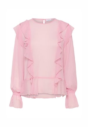 Blusa rosa chiaro con scollatura rotonda, dettagli arricciati lungo il davanti e le maniche, e polsini elasticizzati. Realizzata in tessuto trasparente.