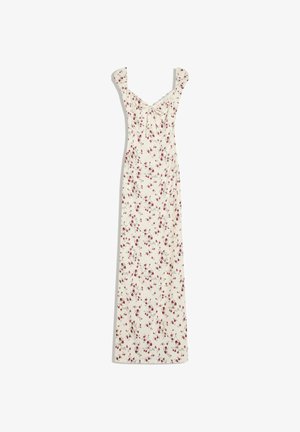 Kremna maxi obleka z tankimi naramnicami, z majhnim rdečim cvetličnim vzorcem in naborkom na prsih.