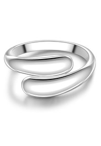 Silver ring with a twisted design, smooth, polished surface, and rounded edges, featuring a continuous loop shape.
