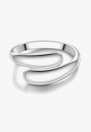 Ez egy ezüst gyűrű, csavart mintával, sima, fényes felülettel és lekerekített szélekkel, folyamatos hurok formával.