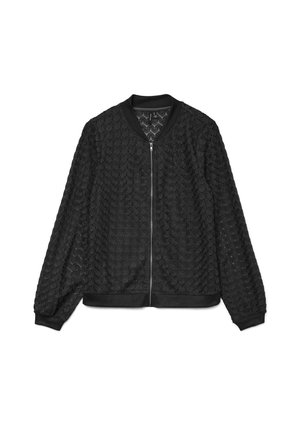 Black bomber jacket featuring a textured hexagonal pattern, ribbed cuffs and hem, and a front zipper for closure.