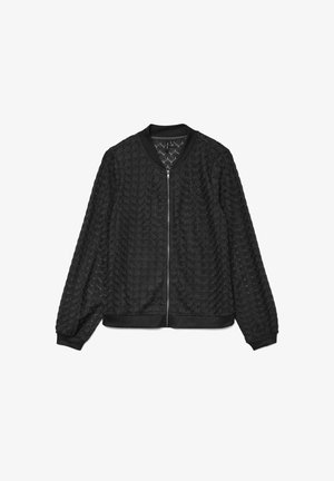 Black bomber jacket featuring a textured hexagonal pattern, ribbed cuffs and hem, and a front zipper for closure.