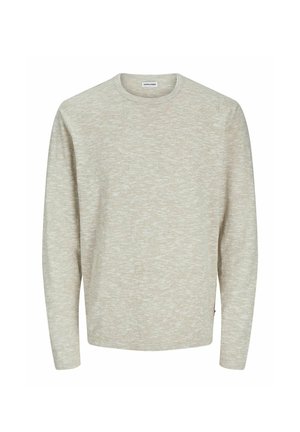 Lys beige sweater lavet af blødt materiale, med rund hals, lange ærmer og en let struktureret overflade. Simpelt design uden mønstre.