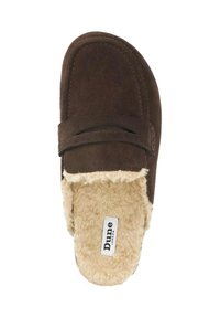 Brown suede slipper with a fuzzy tan lining, open toe design, and a simple upper strap. Features a label with "Dune London."