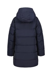 Mörkblå puffjacka med huva, med horisontella quiltade sektioner, elastiska ärmslut och en slät, glänsande yta.