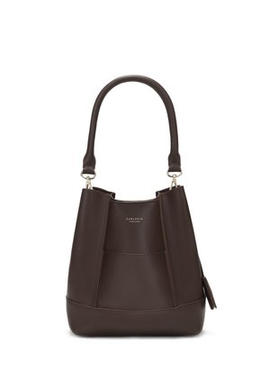 Dark brown leather bucket bag with a single top handle, front pocket, and silver-tone hardware, branded "Carlheim Copenhagen."