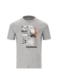 Harmaa puuvillat-paita, jossa on graafinen suunnittelu mustavalkoisista luontoaiheista, oranssilla ja mustalla tekstillä korostettuna, rento istuvuus.