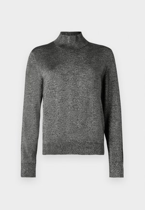 Black, long-sleeve sweater with a high neck, made from a soft, textured fabric featuring a subtle shimmer throughout. Classic fitted design.